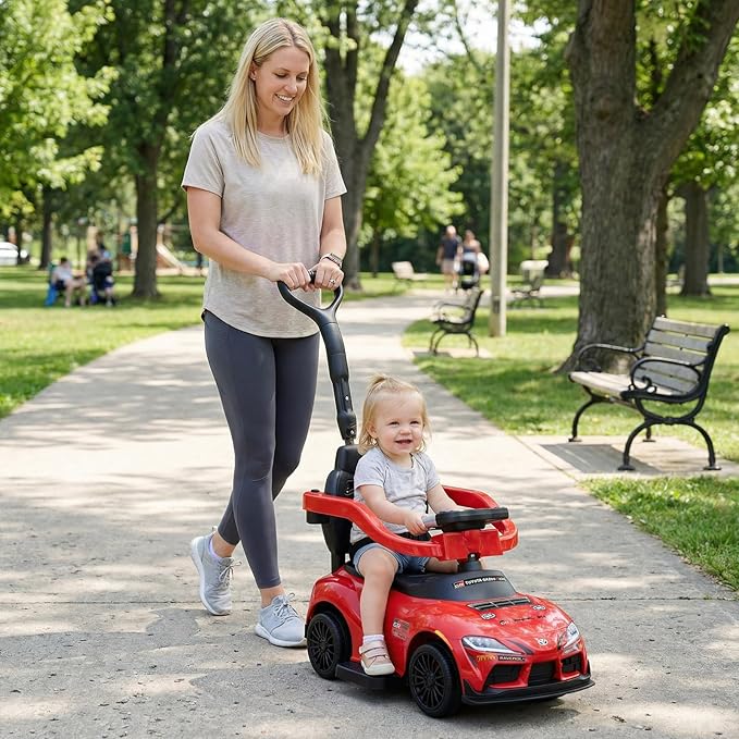 Costzon Push Car for Toddlers, 3 in 1 Toyota Licensed Stroller Sliding Walking Car w/Handle, Music, Safety Guardrail, Under-Seat Storage, Foot-to-Floor Kids Ride On Toys for Boys Girls (Red)