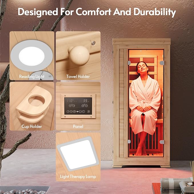 ENSTVER Infrared Wood Sauna 5.4Ft 1 Person, Luxury Full Spectrum Far Infrared Sauna Features Low EMF 1240w 7-Light Dynamic & Music Speakers, Canadian Hemlock Dry Indoor Saunas for Home & Gym