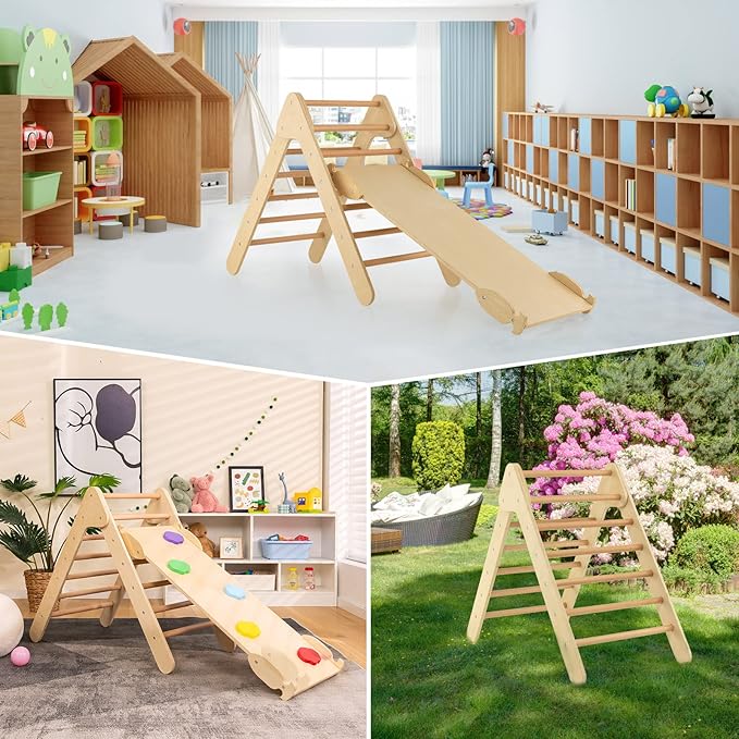 OLAKIDS Pikler Triangle Set 3 in 1 Climbing Toys for Toddlers Wood Montessori Baby Jungle Gym with Ramp Ladder Slide Kids Indoor Playground Activity Play Structure