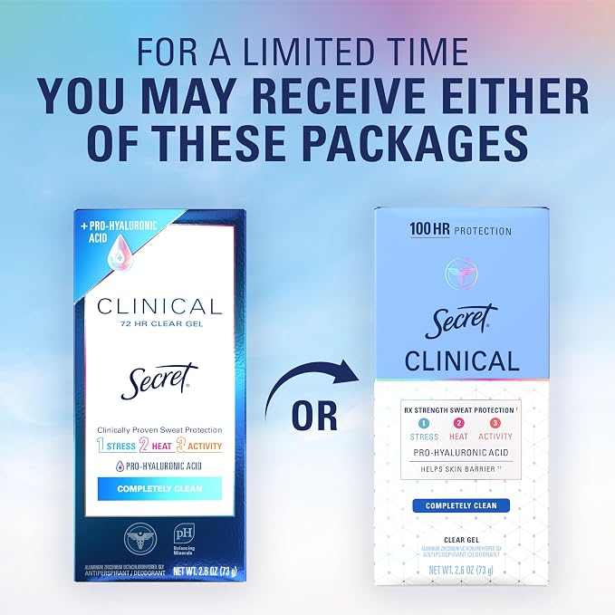 Secret Clinical Strength 100HR Sweat & Odor, Clear Gel Antiperspirant Deodorant for Women, 3X Stress Protection with Hyaluronic Acid, PH Balancing Minerals, Completely Clean Scent, 2.6 oz (Pack of 12)