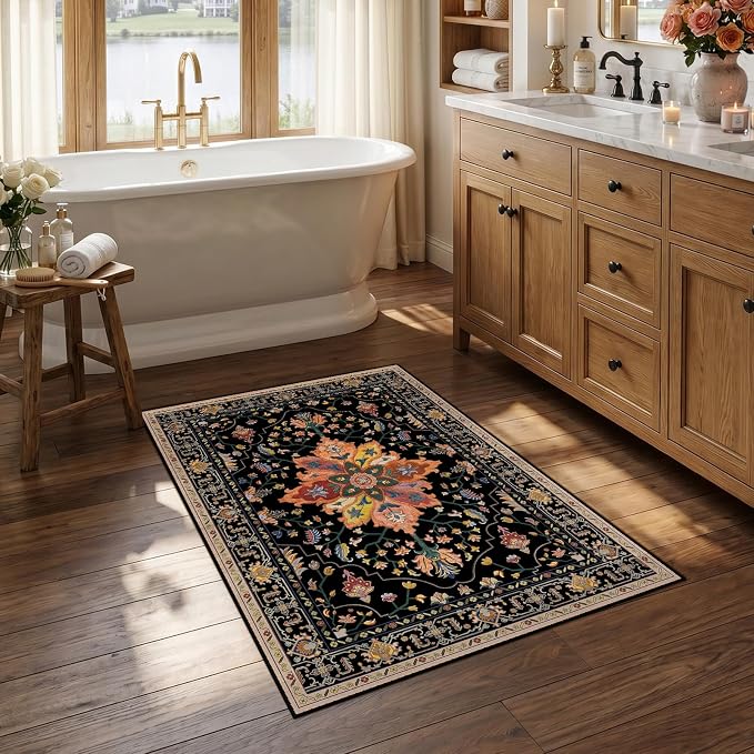 RELEANY Area Rugs Small 2'6"x4' Washable Non-Slip, Floral Vintage Distress Medallion Carpet for Kitchen Entryway Bathroom, Black Colorful Floral Dark Tan