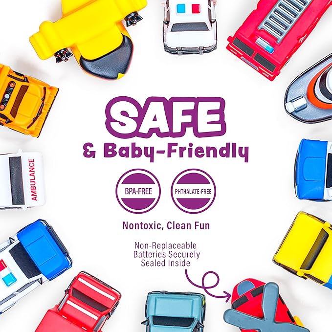 Tub Works® Emergency™ Cars Light Up Bath Toys, 12 Pack | Water-Activated Light Up Toys Flash & Change Color | Easy-Grip Baby & Toddler Bath Toys | Sensory Toys with Bath Lights for Kids Bath