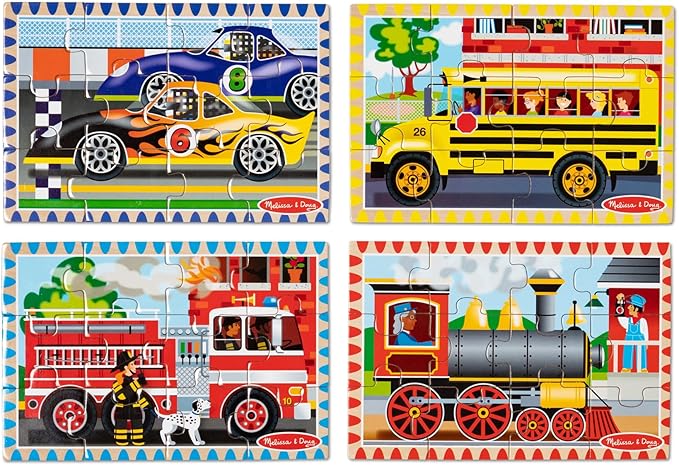 Melissa & Doug 4‑in‑1 Wooden Vehicle Jigsaw Puzzle Set, 48 Pieces with Storage Box, Toddler Puzzle Toy for Kids Ages 3+- FSC Certified