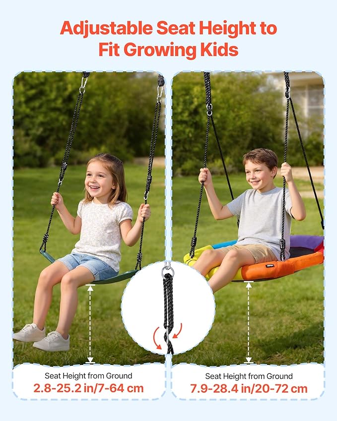 VEVOR Swing Set for Backyard, 32 in Saucer Swing Seat and Belt Seat, with Heavy Duty A-Frame Metal Stand, 440 lbs Load Capacity, Reinforced with Spiral Ground Anchors, Swingset Outdoor for Kids