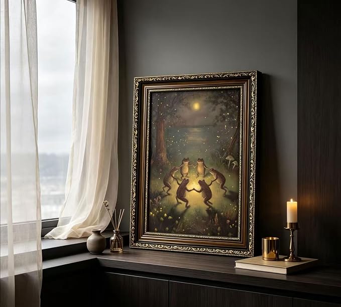 Vintage Gold Framed Frog Wall Art,Frogs Dancing in Moonlight Forest Painting Canvas Prints,Whimsical Animal Wall Decor,Retro Country Toad Poster Artwork for Corridor Living room Bedroom Kitchen