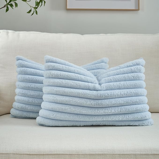 FUTEI Pack of 2 Faux Fur Throw Pillow Covers 12x20 Inch, Light Blue | Fluffy Faux Rabbit Fur Front/Premium Velvet Back,Hidden Zipper,Machine Washable,Non-Shedding,Colorfast,Insert Not Included.