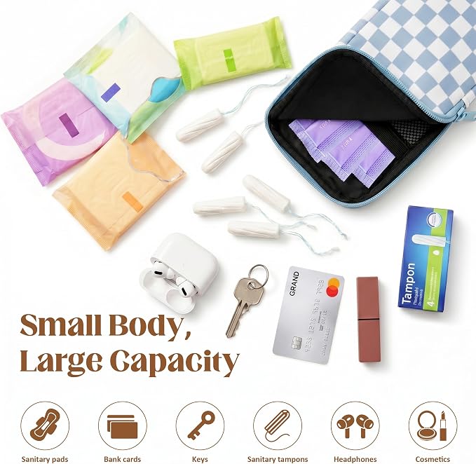 2 Pack Portable Tampon Holder Zippered Pouch with Snap Hook, Waterproof Travel-Friendly Discreet Period Bag, Feminine Products Organizer for Women Purse (Plaid)