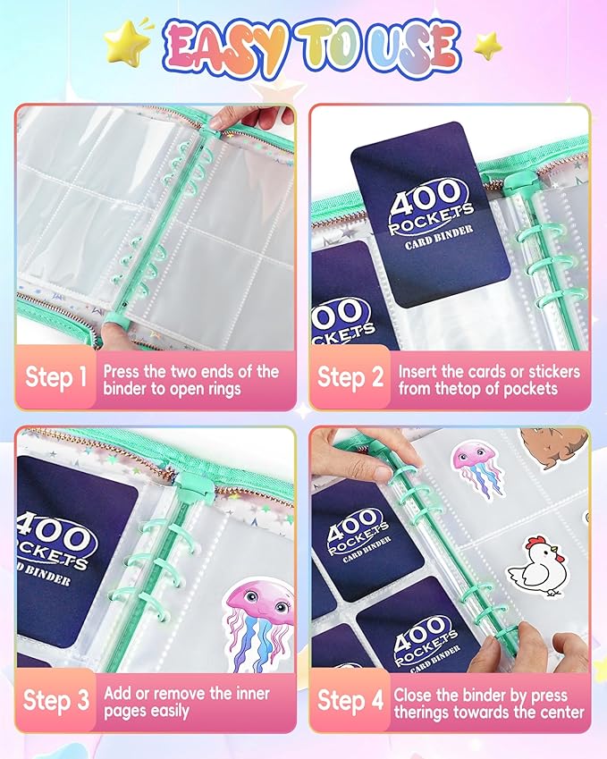4 Pocket Card Binder with 20 Stickers, A5 Kpop Photocard Binder for 400 Cards, Trading Card Binder, Card Collection Binder, Cute Mini Card Binder for Gifts