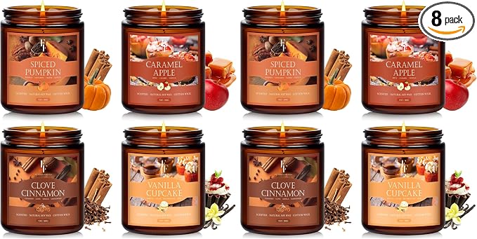 Fall Candles Set, 8 Pack Candles for Home Scented Natural Soy Wax, Autumn Gifts Set for Women Men, Fall Fragrance of Pumpkin/Cinnamon/Vanilla Cupcake/Apple