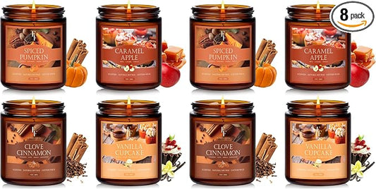Fall Candles Set, 8 Pack Candles for Home Scented Natural Soy Wax, Autumn Gifts Set for Women Men, Fall Fragrance of Pumpkin/Cinnamon/Vanilla Cupcake/Apple
