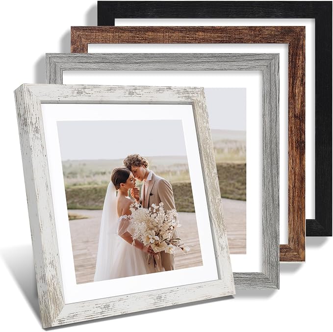 Hongkee 12x12 Picture Frame Set of 4, Made of Made of Glass and Multicolour Wooden Frame, 12 by 12 Photo for Wall or Tabletop - Display Picture 10x10 with Mat or 12x12 Without Mat