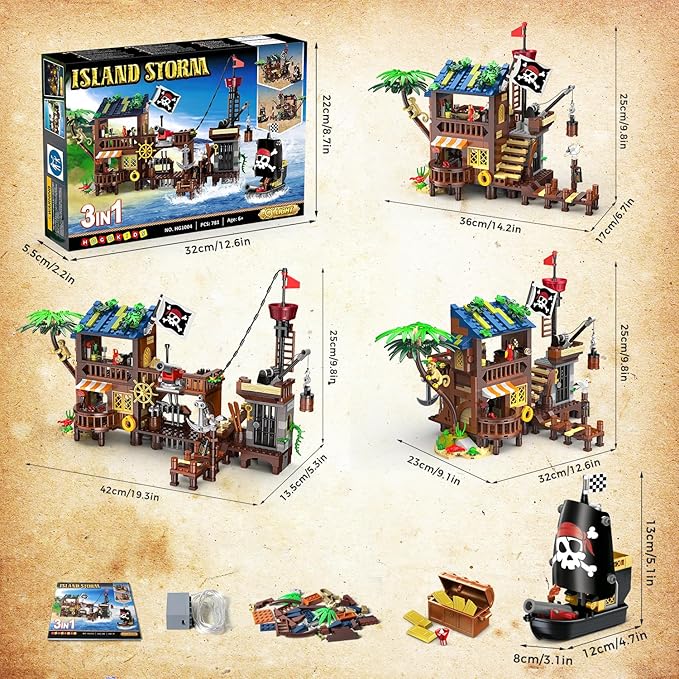 HOGOKIDS Pirate Ship House Building Set with LED Light - 3 Style Modes Pirate Wharf Supply Center Building Block Set, 781PCS STEM Bricks Kit for Kids Girls Boys Ages 6-12+ Birthday Gifts