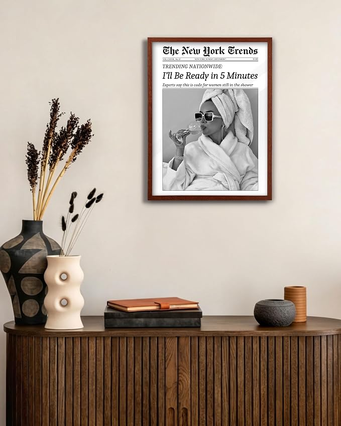 EcoHest 12x16 in I'll Be Ready in 5 Minutes Newspaper Framed Wall Art | Walnut Color Solid Oak Frame, Canvas Wall Art, Feminist Newspaper Wall Decor for Bathroom, Bedroom, Apartment, Dorm, 1Pack