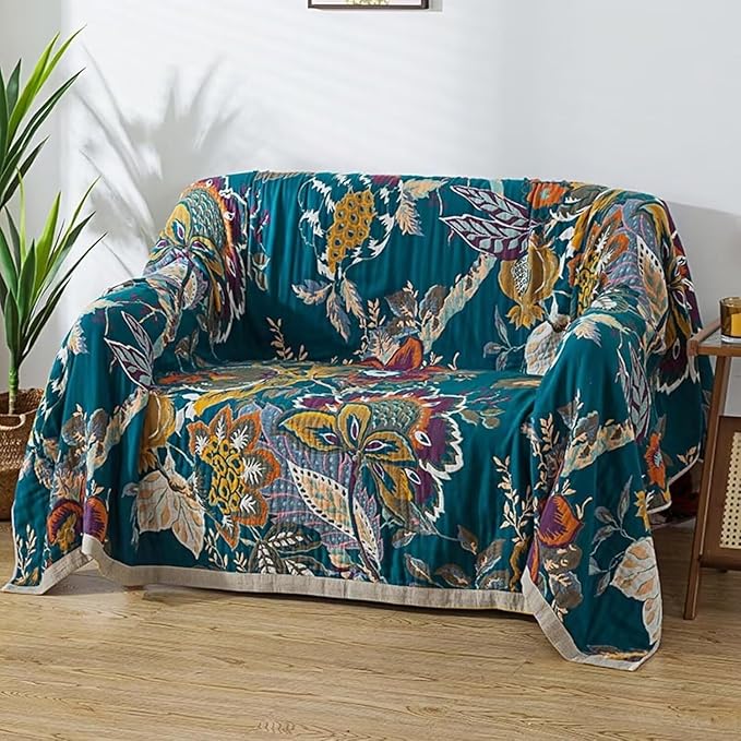 Boho Throw Blanket for Bed 100% Cotton Bohemian Blankets Ultra Soft Woven Muslin Decorative Blankets All Seasons Vintage Quilt Knitted Blanket for Sofa Chair(Beige, 50"x60")