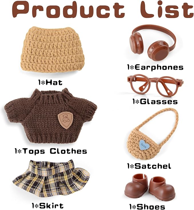 17cm Doll Knit Style Outfits Clothes and Accessories Set Include: Hat, Sweater, Dress, Bag, Glasses, Earphone and Shoes (Doll Not Included)