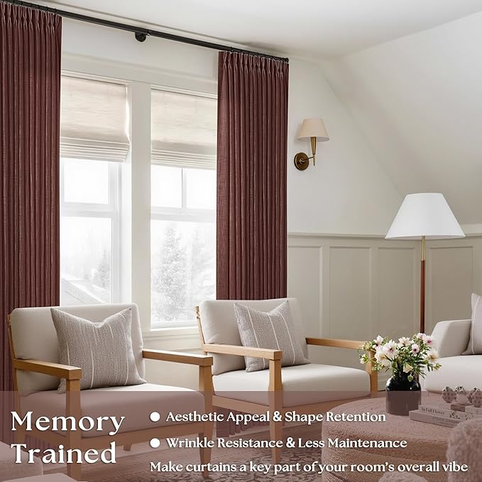 Chestnut Brown Thick Linen Pinch Pleated Curtains 120 Inches Long 2 Panels | Extra Long Drapes for Living Room Dining Bedroom, Pinch Pleat Drapes Back Tab, Dark Terracotta Rust Farmhouse Country 40x120