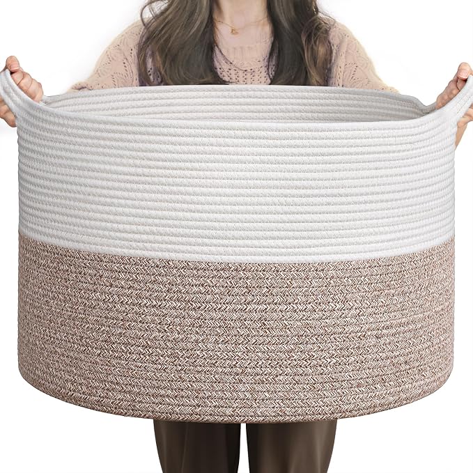 INDRESSME Large Woven Rope Blanket Basket Living Room Brown, 65L | 19.7" x 12.6" Storage baskets for laundry, toys & pillows. For living room, bedroom or nursery decor. soft-touch, gift basket
