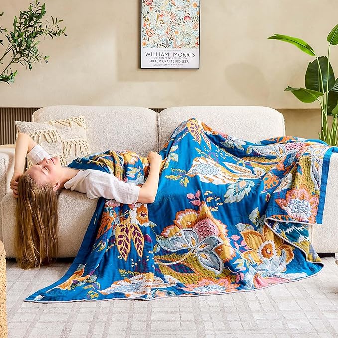XIBLC Boho Throw Blanket, Blue Lightweight Blankets for Summer, 100% Cotton Bohemian Decorative Throw Blanket, 60"x80" Reversible Muslin Breathable Woven Farmhouse Blankets Quilt,