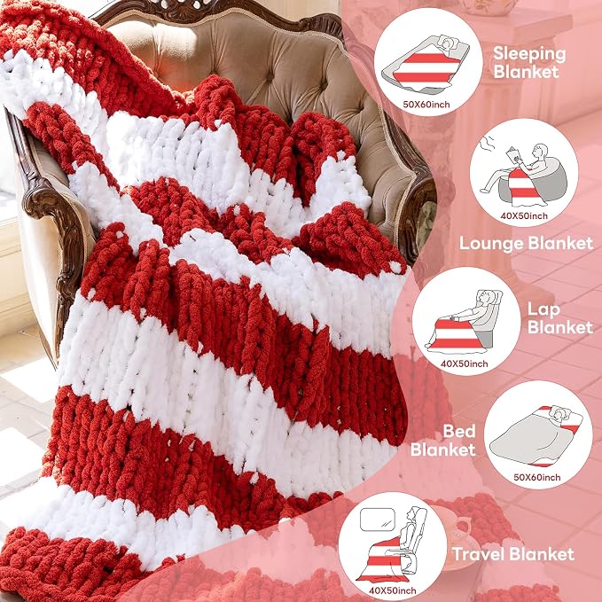 Chunky Knit Blanket - Luxury Soft Cozy 60 * 80 Throw Blanket,100% Woven Blanket Rope Knot Throw Blanket for Couch, Sofa, Home Decor, Gift - Machine Washable (White/Wine red, 60 * 80)