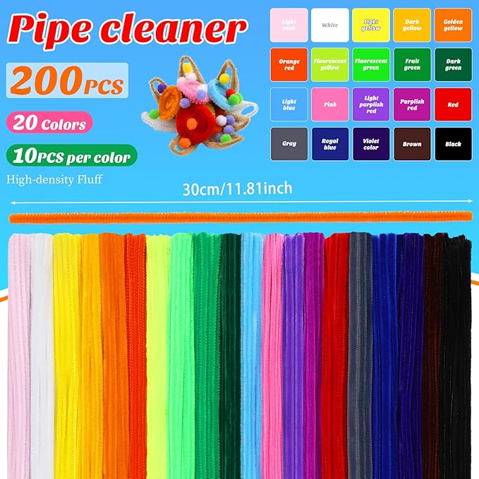 Iuuidu 200PCS Pipe Cleaners, 20 Color Pipe Cleaners Chenille Stem, Fuzzy Sticks Pipe Cleaners Craft Supplies for DIY Arts Crafts Project Assorted Colors