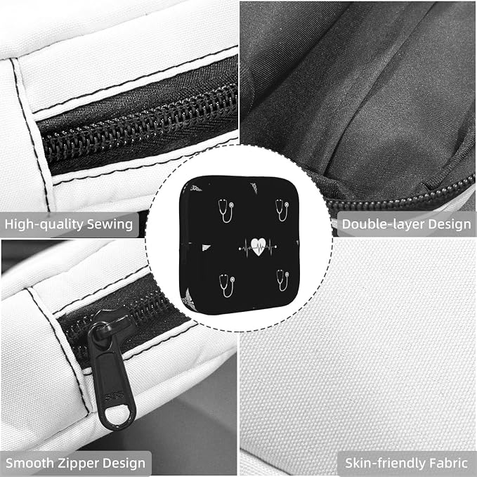 Multifunctional Feminine Care Pouch Love Heart Nurse Heartbeat Black And White, Reusable Polyester Tampon Storage Bag, Fits Inside Purse for Travel Camping