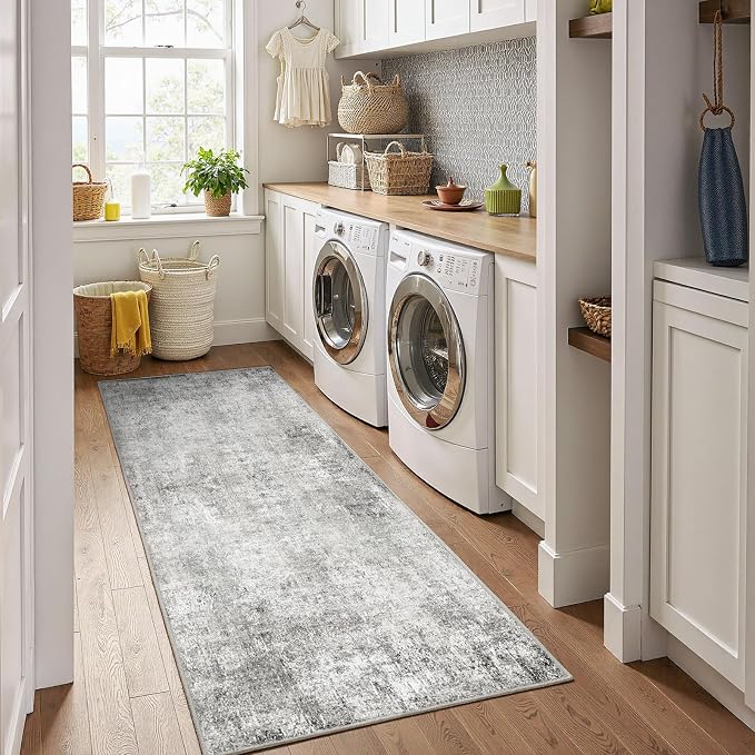 RELEANY Washable Runner 2'x8' Abstract Area Rug for Hallway Gray White | carpet for kitchen, entryway, bathroom, living room, bedroom, printed pattern, non-slip, soft, stain-resistant, easy to clean