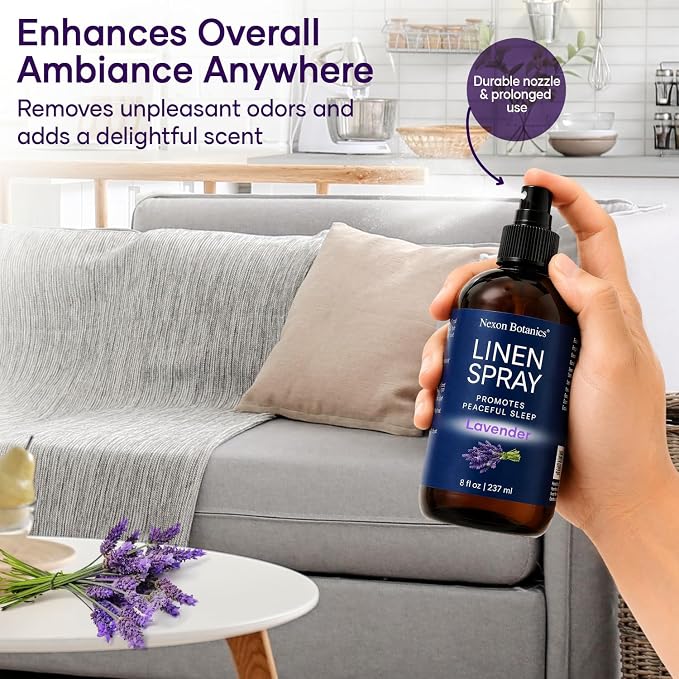 Lavender Linen Spray 8 fl oz - Refreshing Fabric Refresher & Pillow Spray for Bedding, Bed Sheets & Room - Soothing Room Mist - Nexon Botanics