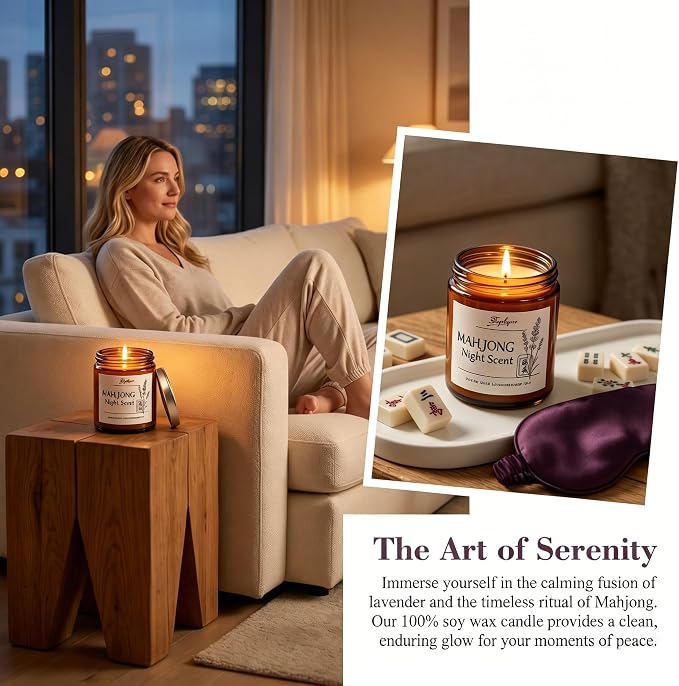 Lavender Candle - Soy Wax Stress Relief & Meditation, 45hr Soot-Free Burn Mahjong Night Scent Candle, 5.3oz
