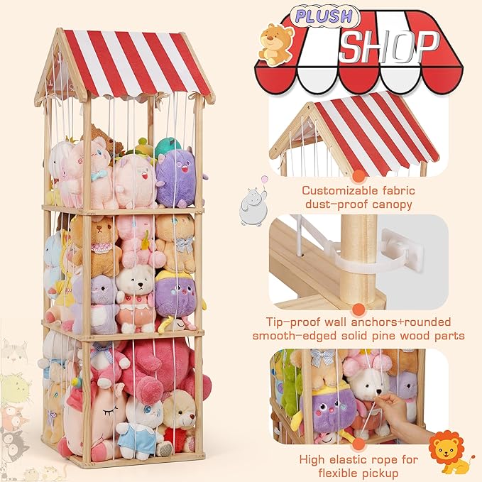 Stuffed Animal Storage, Space Saving Vertical Stuffed Animal Holder Wood, Easy Assembly Cottage-Style Plush Toys Organizer for Kids Bedroom & Playroom (Wood)