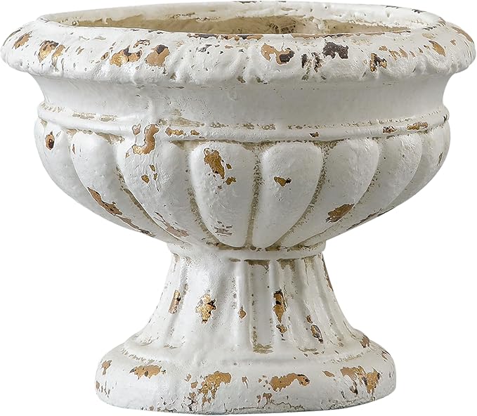 SOFE Vintage Large Pedestal Vase, 11 Inches Tall, Handmade Shabby Chic | Front Porch Garden Planters, White Resin Compote Flower Pot, French Country Home Decor, Landscaping Container Accent