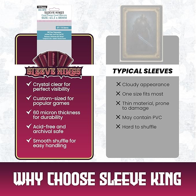 Sleeve Kings Standard Card Sleeves – 110 Count, Clear 60 Micron Thickness, Medium MTG Size (63.5 x 88 mm), Compatible with Magic: The Gathering & More – SKU: SKS-8810