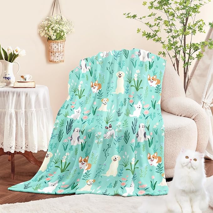 Wajade Floral Puppy Dog Blanket for Kids Toddler Soft Flannel Sage Green Bed Blanket for Kids Adults Teens Plush Cute Christmas Birthday Gifts 50"x60"