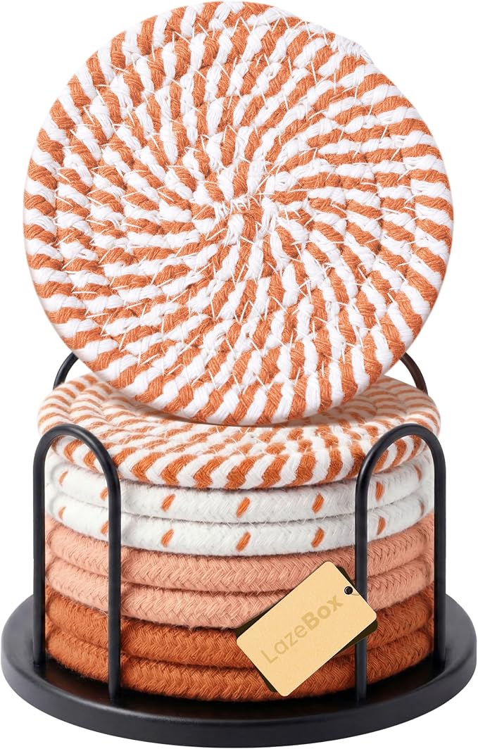 Lazebox Coasters Set of 8 for Drinks, 4 Inch Large Coasters for Coffee Table, Tabletop Protection for Hot & Cold Drinks, Versatile Coasters for Home Decor, Non-Slip & Easy to Clean, Orange