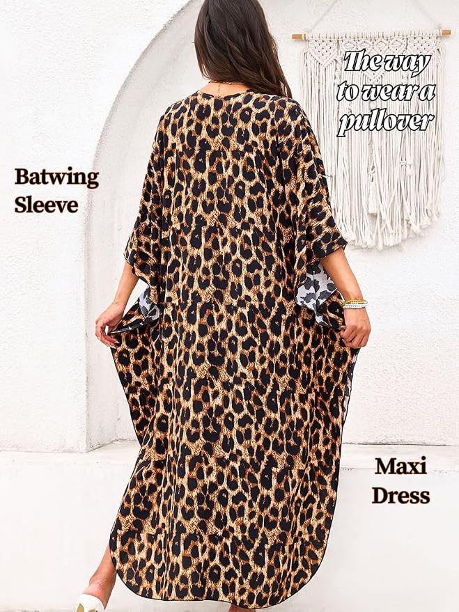 ChiaoLezhee Print Moo-Moos for Women, Kaftan Cover-Up Dresses, Sexy V-Neck High-Slit, Beach Pool-Party Coverups Muumuu Plus