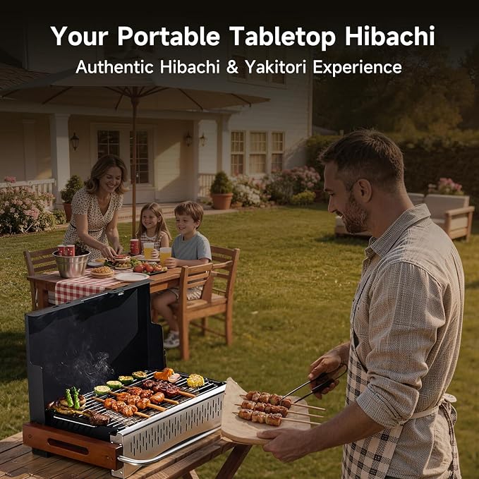 Portable BBQ Charcoal Grill, No Assembly Hibachi Grill for Camping | Height Adjustable 304 Stainless Steel Grate, Easy Clean Enamel Tray, Foldable Grill for Beach and Patio