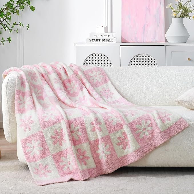 Snuggle Sac Checkered Blanket, Pink Flower Throw Blanket for Couch Plaid Microfiber Fluffy Warm Cozy Fuzzy Soft Throw Blanket Reversible Checkered Blankets for Sofa, Chair, Bed, 50x60 inches