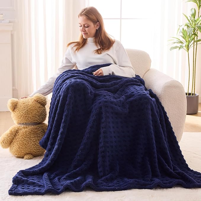 NEWCOSPLAY 3D Waffle Checkered Flannel Throw Blanket, Dark Navy, 50"x70" | Super Soft Cute Lightweight Decorative Premium Silky Fleece Blanket for Couch Sofa Bed, Gift for Women Men, All Season Use