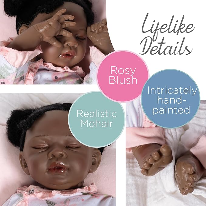 Paradise Galleries 18 Inch African American Realistic Reborn Baby Girl Doll Sleeping in Onesie with Flower Pillow Accessories Collectible Gift Set – Daisy Dreamer