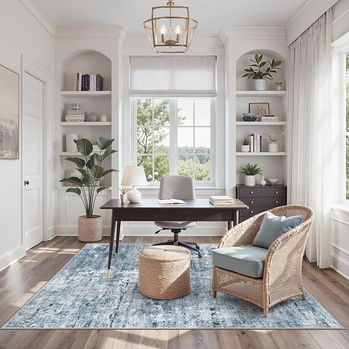 Soalmost Abstract 3x5 Rugs, Small Kitchen Entryway Area Rug Blue/Grey | Vintage Low Pile Carpet for Nursery Coffee Table Bathroom, Foldable Stain Resistant Indoor Door Mat Entrance Powder Room