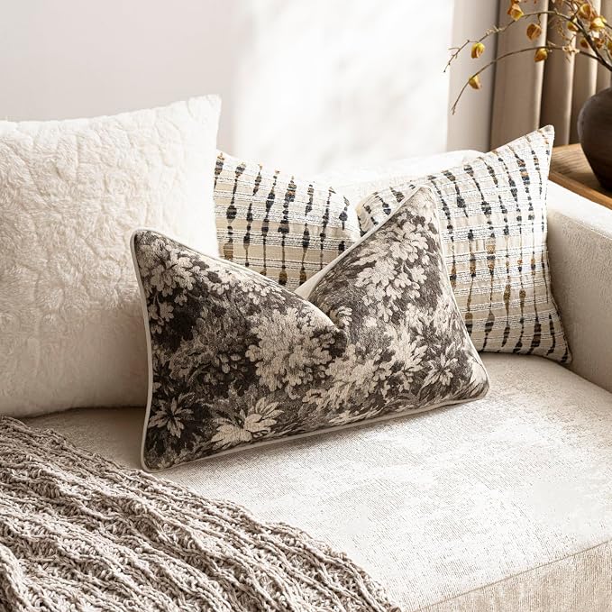 Pack of 2 Vintage Floral Pillow Covers 12x20 Boho Farmhouse Accents Chenille Rectangular Lumbar Decorative Throw Pillow Cases for Living Room Couch Bed Home Decor, Grey