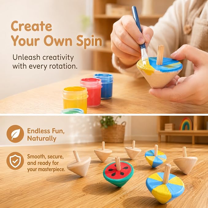 Galpada 24 Pack Wooden Spinning Tops for Kids – DIY Paint Your Own Craft Kit, Unfinished Natural Wood Spinning Toys for Classroom Activities, Party Favors & Creative Arts Projects