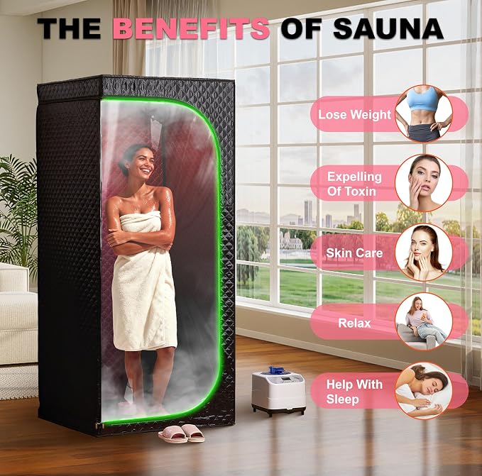 Steam Sauna Tent for Home with Transparent Door, Portable Indoor Sauna with Powerful Steam Heating, Foldable Personal Spa for Relaxation (Single Rectangular – Red Light,Black)