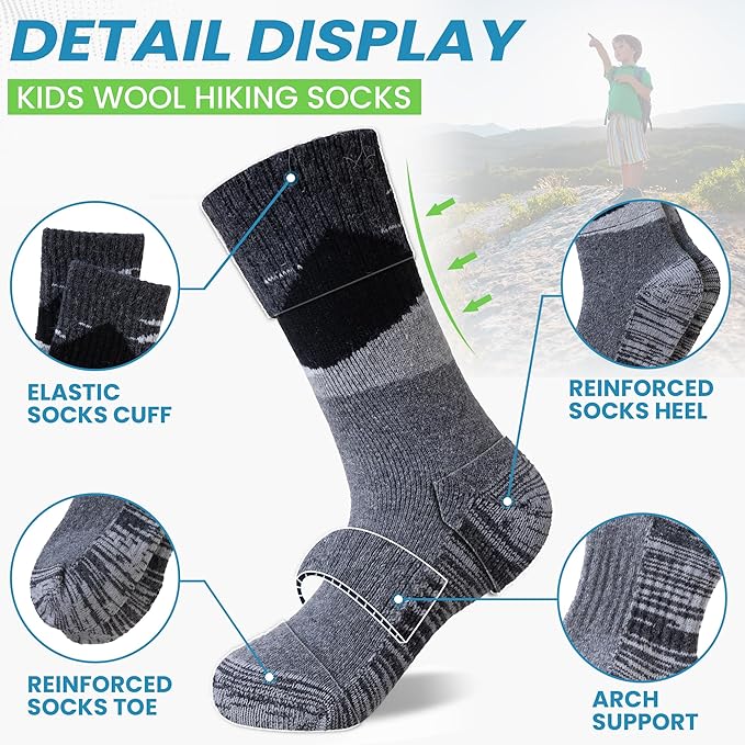 WEVIAS Kids Merino Wool Hiking Socks Boys Thermal Winter Cozy Boot Warm Cushion Socks 6 Pairs