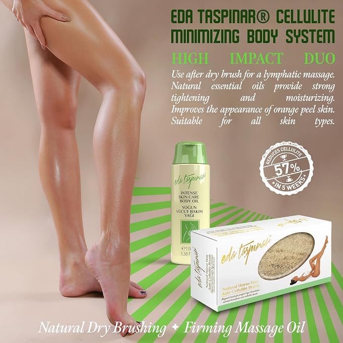 Eda Taşpınar Cellulite Minimizing Body System | Firming Massage Oil + Natural Dry Brushing Body Brush | Skin Smoothing Routine for Thighs, Belly & Butt | Non Greasy Hydrating Oil