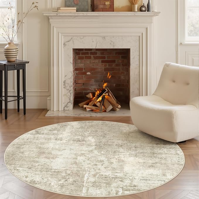 Soalmost Abstract 5x5 Round Rug 5ft Circle Living Room Rugs, Beige/Gray | Washable Vintage Indoor Carpet for Dining Bedroom, Low Pile Stain Resistant Foldable Floor Mat Entryway Home Office Decor
