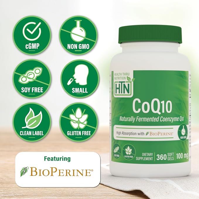 Health Thru Nutrition CoQ-10 100mg with BioPerine 360 Softgels | High Absorption Naturally Fermented USP Grade Coenzyme Q10 Supplement | 3rd Party Tested | Heart Health and Energy Support