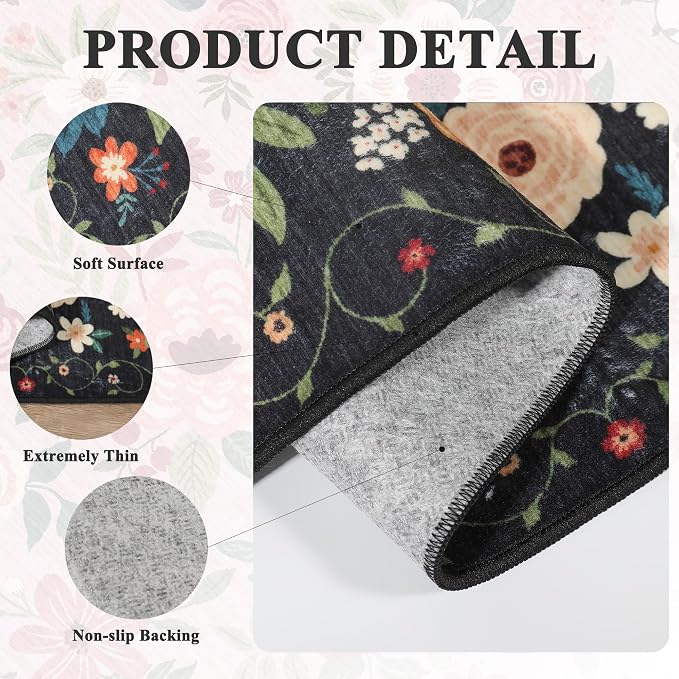 DUKINO 2.6x12 Kitchen Runner Rug, Floral Non Slip Long Washable Rug, Black | Low Pile, Stain Resistant, Soft Indoor Rug Runner for Hallway, Entryway, Bedroom, Bathroom, Laundry, Pet Friendly, Home Decor