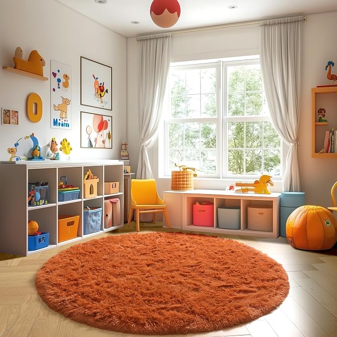 Amdrebio Burnt Orange Large Round Rugs 8Ft for Living Room Bedroom, Big Shaggy Plush Fuzzy Furry Circle Area Rugs for Kids Room Decor Aesthetic, Fluffy Shag Dark Orange Carpet for Apartment Classroom