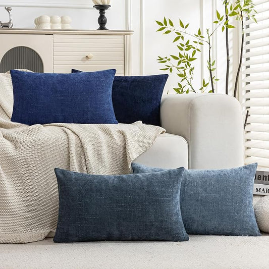 Set of 4 Soft Textured Decorative Throw Pillow Covers 12X20 Inch Cozy Farmhouse Cushion Cover Square Accent Pillow Cases for Bed Couch Sofa Living Room, Blue Series