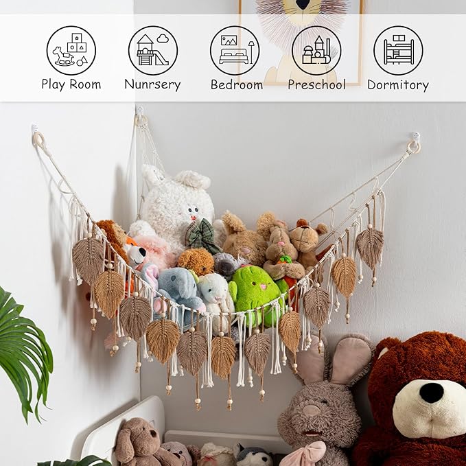 Pretty Jolly Macrame Stuffed Animal Hammock with Beads Hand Woven Leaf Tassels Corner Hanging Net Boho Plush Holder for Kid Room Nursery Deco Organizer for Girls Gift(Milkcoffee & Jute)